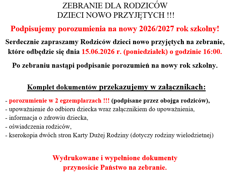 Zdjęcie: ZEBRANIE DLA RODZICÓW DZIECI                                 NOWO PRZYJĘTYCH !!!